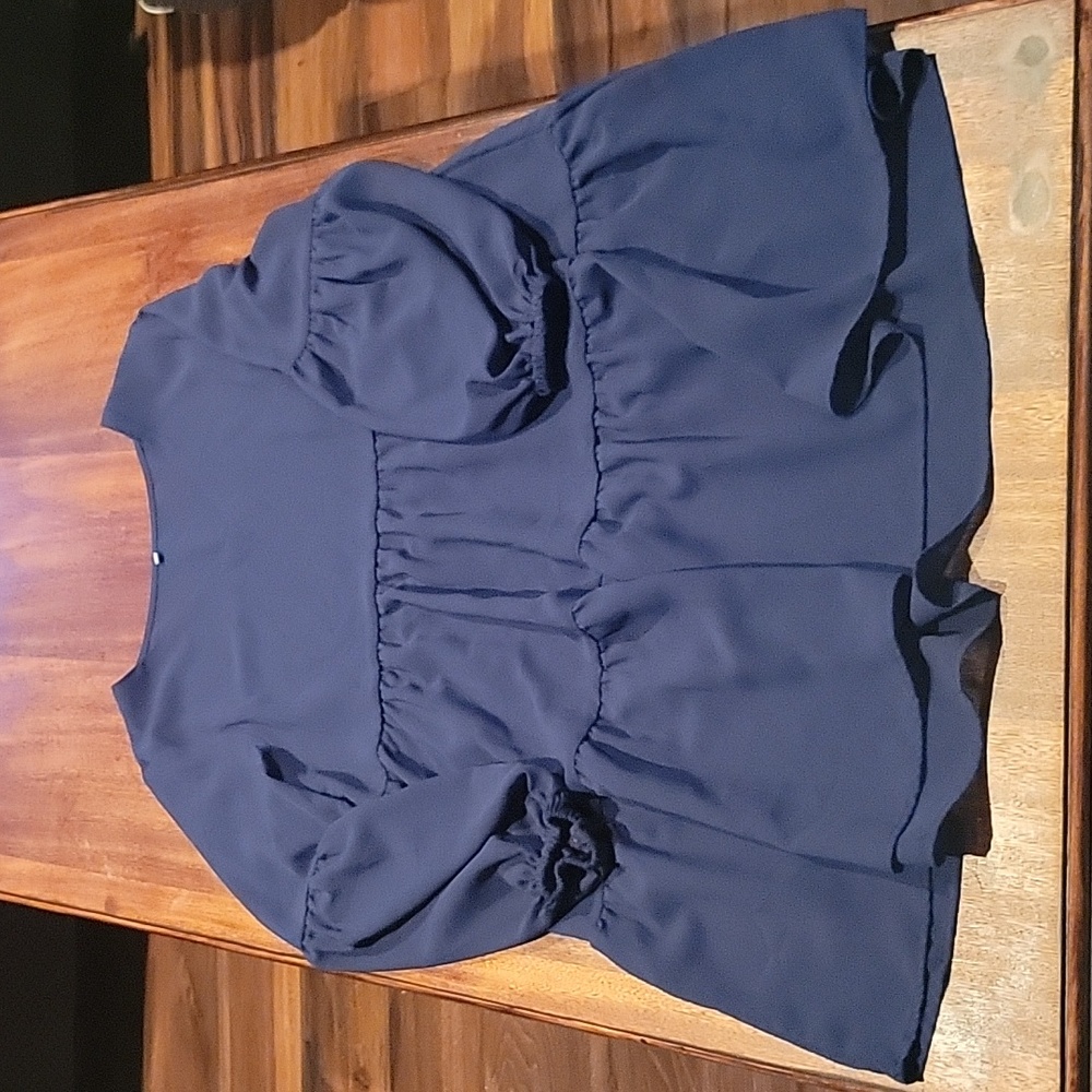 Womens size Medium,  Navy Blue long sleeve, ruffled, V-Neck dress.
